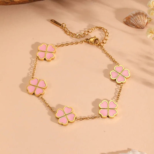 Gold Enamel Four-Leaf Clover Charm Bracelet - Bracelets - 18k Gold Plated Waterproof Jewellery - Collection 9