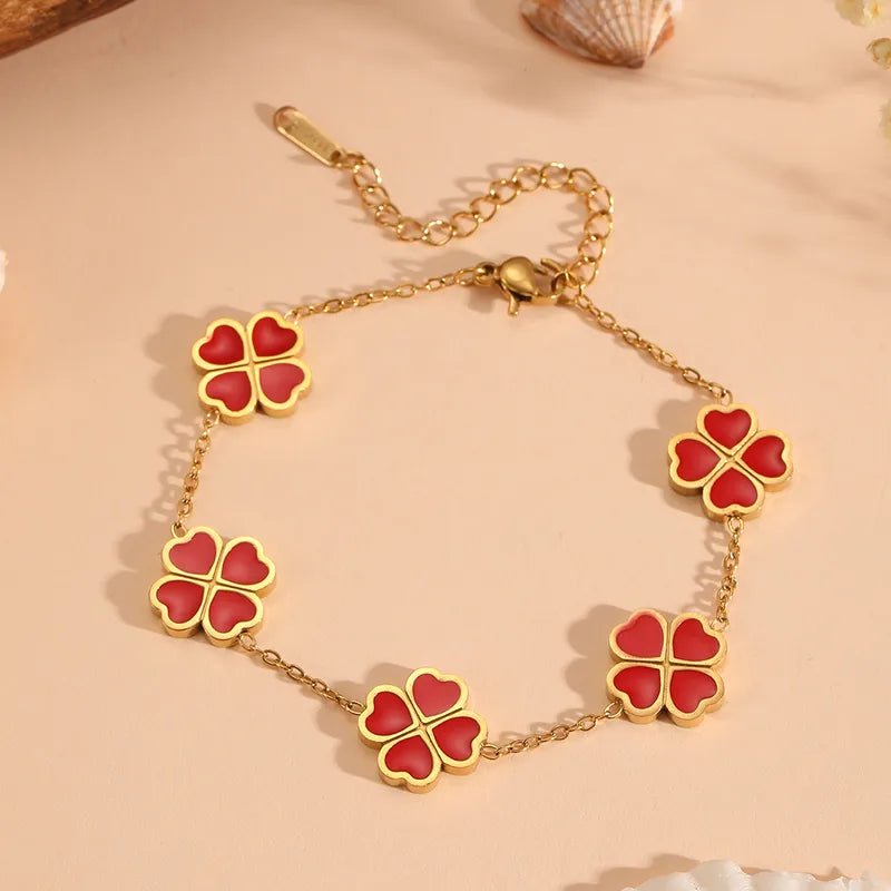 Gold Enamel Four-Leaf Clover Charm Bracelet - Bracelets - 18k Gold Plated Waterproof Jewellery - Collection 9