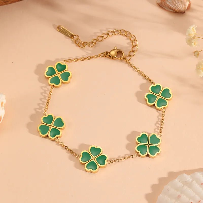 Gold Enamel Four-Leaf Clover Charm Bracelet - Bracelets - 18k Gold Plated Waterproof Jewellery - Collection 9