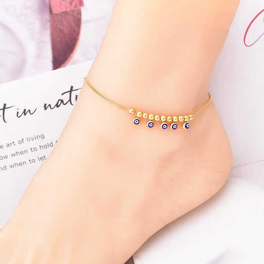 Gold Evil Eye Charm & Bead Box Chain Anklet - Anklet - 18k Gold Plated Waterproof Jewellery - Collection 9