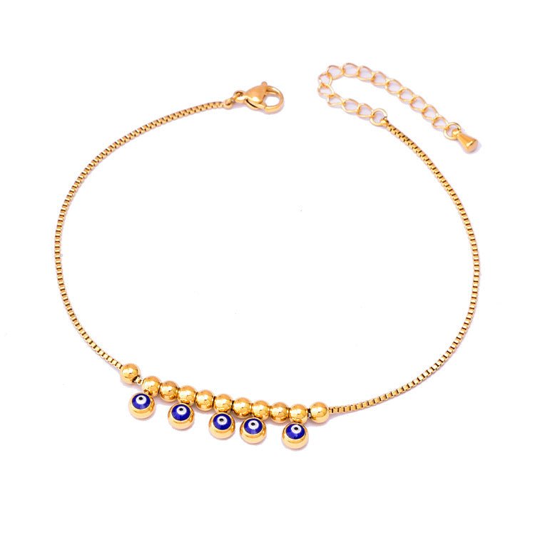 Gold Evil Eye Charm & Bead Box Chain Anklet - Anklet - 18k Gold Plated Waterproof Jewellery - Collection 9