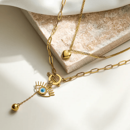 Gold Evil Eye Heart Layered Necklace - Necklace - 18k Gold Plated Waterproof Jewellery - Collection 9