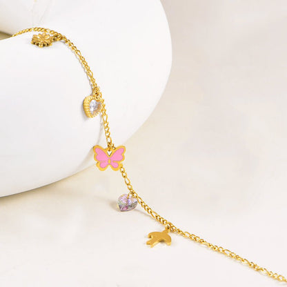 Gold Figaro Pink Butterfly Daisy Charm Anklet - Anklets - 18k Gold Plated Waterproof Jewellery - Collection 9