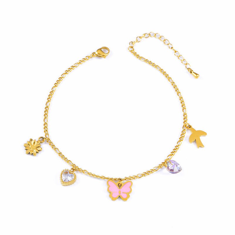 Gold Figaro Pink Butterfly Daisy Charm Anklet - Anklets - 18k Gold Plated Waterproof Jewellery - Collection 9