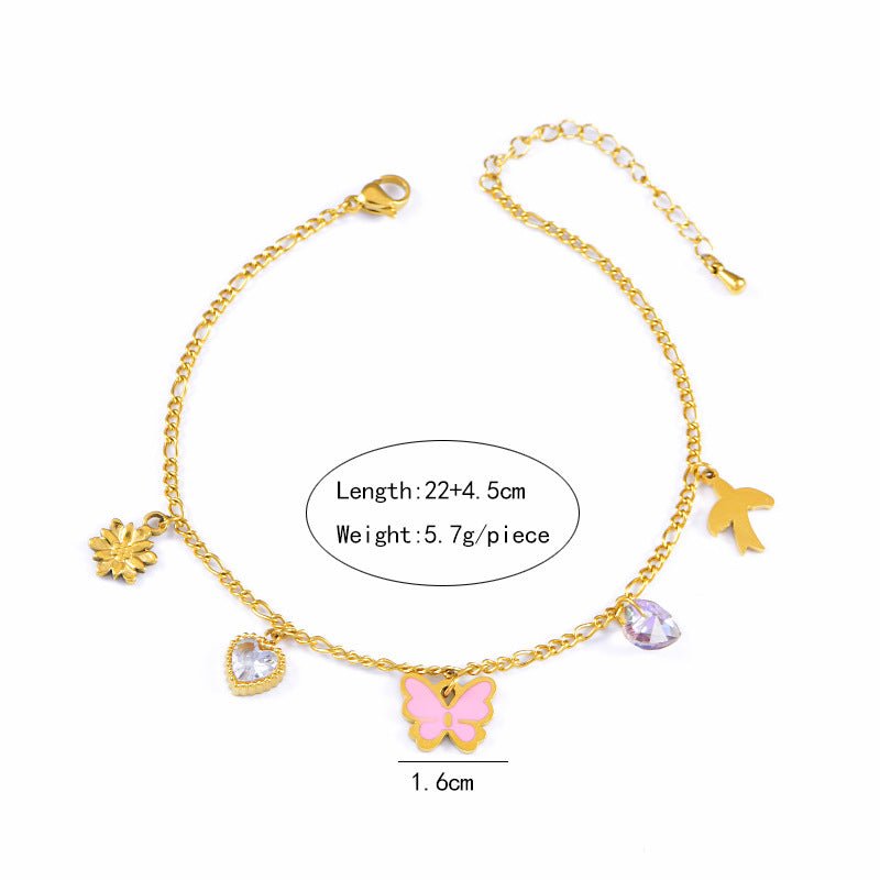 Gold Figaro Pink Butterfly Daisy Charm Anklet - Anklets - 18k Gold Plated Waterproof Jewellery - Collection 9