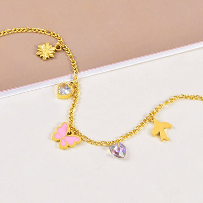 Gold Figaro Pink Butterfly Daisy Charm Anklet - Anklets - 18k Gold Plated Waterproof Jewellery - Collection 9