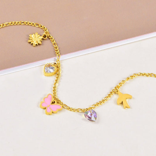 Gold Figaro Pink Butterfly Daisy Charm Anklet - Anklets - 18k Gold Plated Waterproof Jewellery - Collection 9
