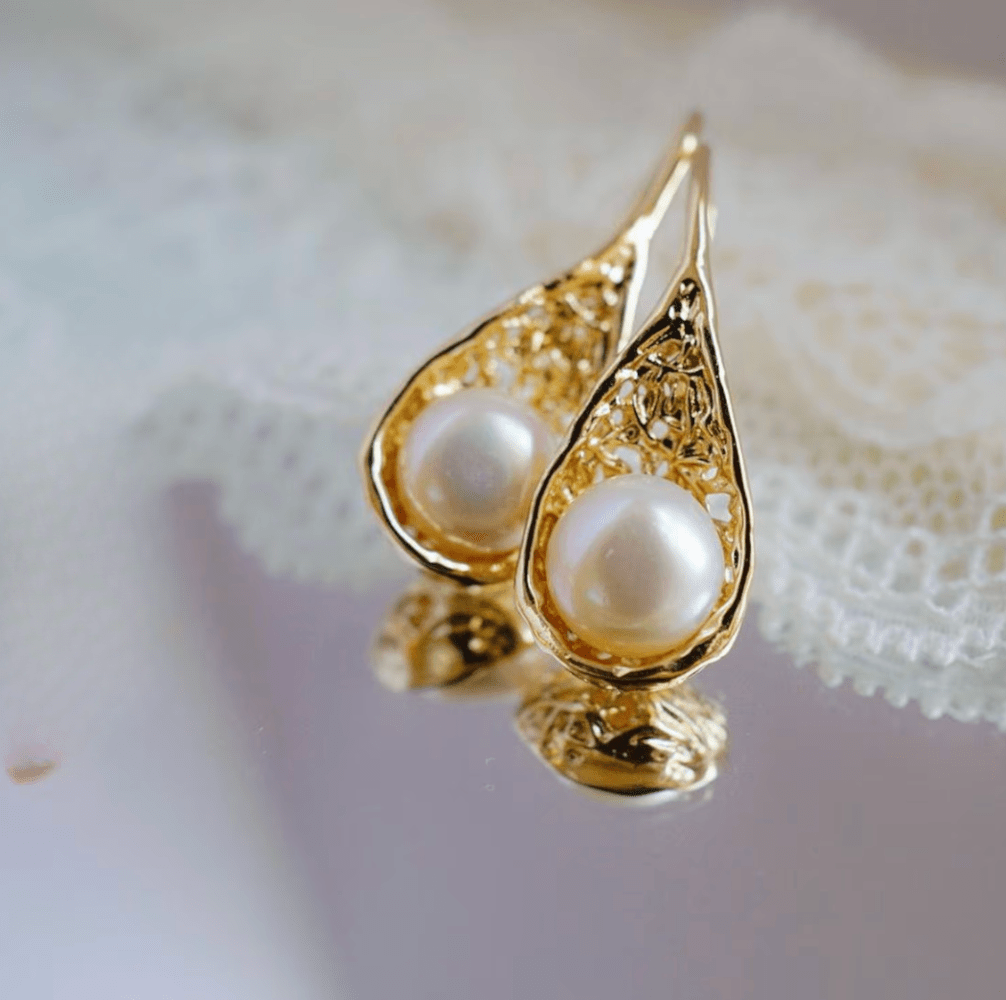 Gold Filigree Teardrop Freshwater Pearl Stud Earrings - - 18k Gold Plated Waterproof Jewellery - Collection 9