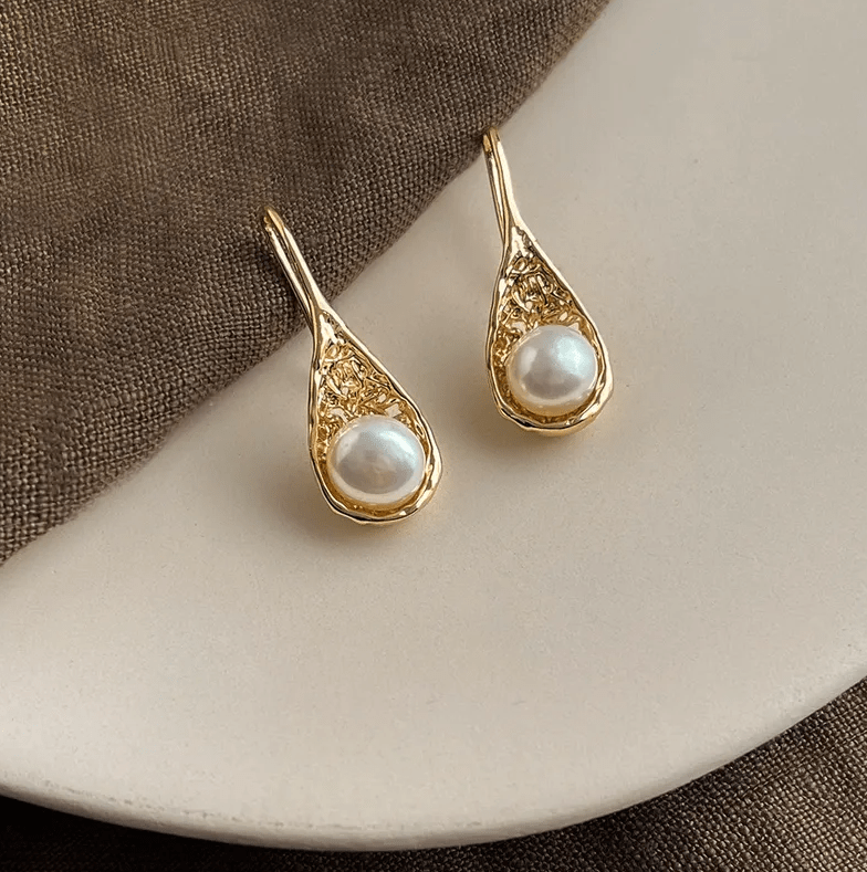 Gold Filigree Teardrop Freshwater Pearl Stud Earrings - - 18k Gold Plated Waterproof Jewellery - Collection 9