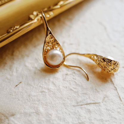 Gold Filigree Teardrop Freshwater Pearl Stud Earrings - - 18k Gold Plated Waterproof Jewellery - Collection 9