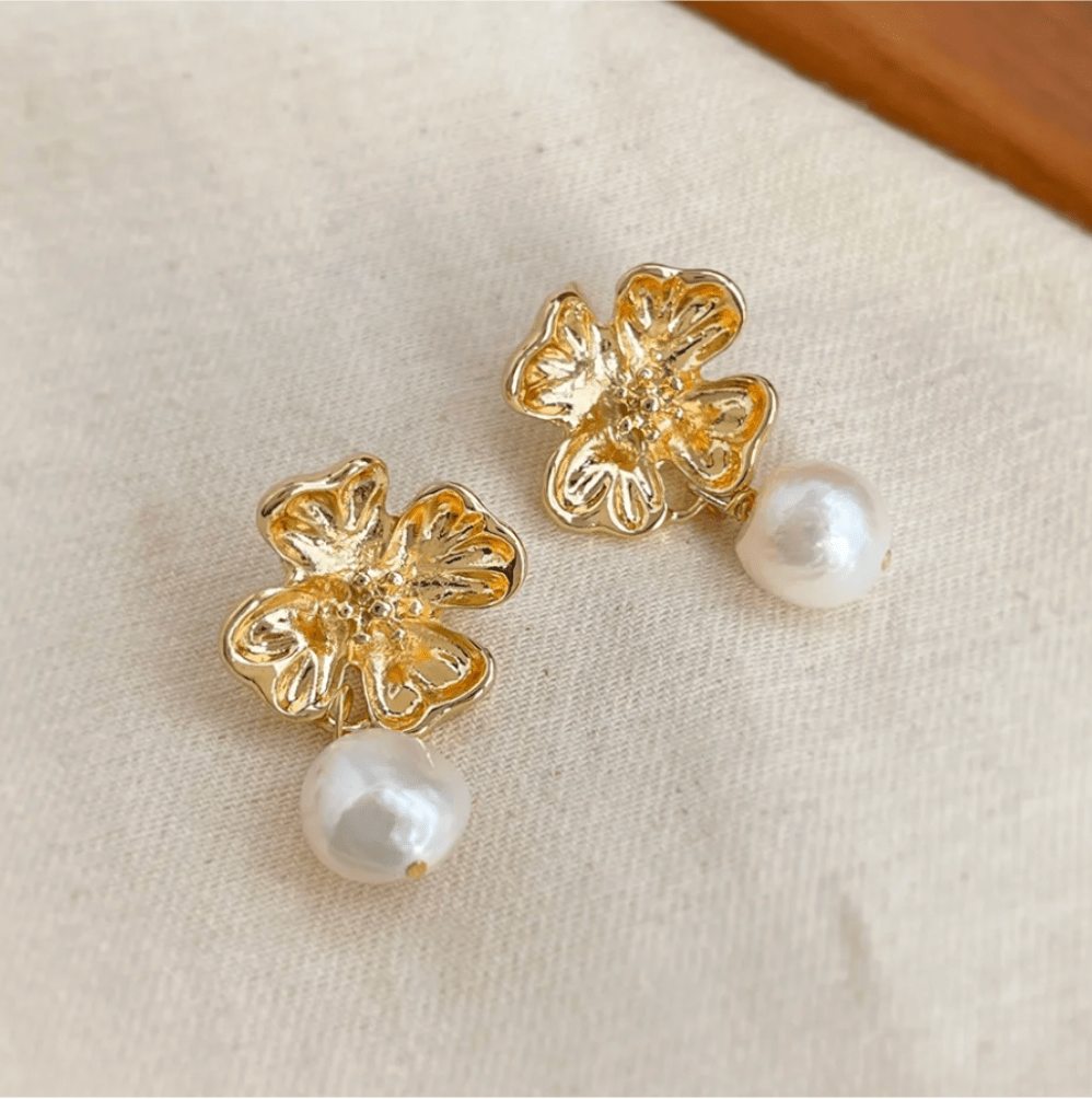 Gold Flower Freshwater Pearl Drop Earrings - - 18k Gold Plated Waterproof Jewellery - Collection 9