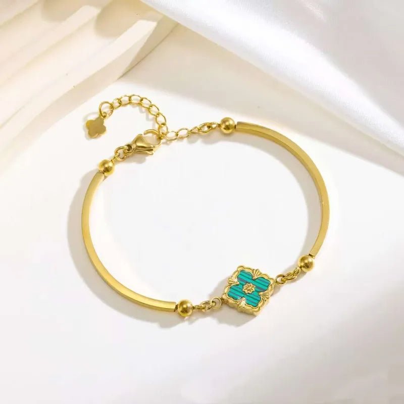Gold Four Leaf Clover Teal Enamel Bangle Bracelet - Bangle - 18k Gold Plated Waterproof Jewellery - Collection 9