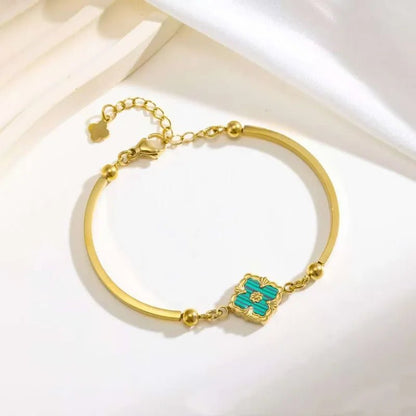 Gold Four Leaf Clover Teal Enamel Bangle Bracelet - Bangle - 18k Gold Plated Waterproof Jewellery - Collection 9