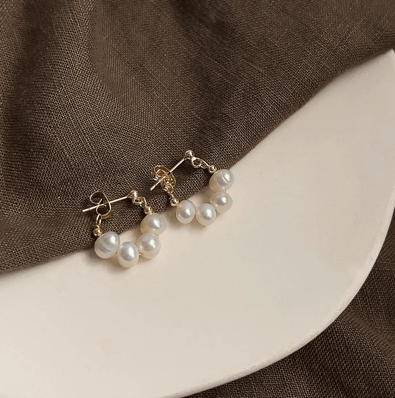 Gold Freshwater Pearl Cluster Huggie Earrings - - 18k Gold Plated Waterproof Jewellery - Collection 9