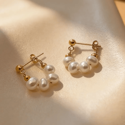 Gold Freshwater Pearl Cluster Huggie Earrings - - 18k Gold Plated Waterproof Jewellery - Collection 9