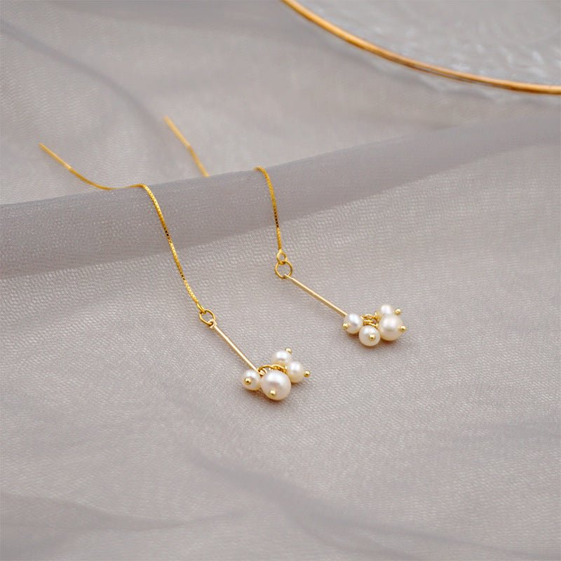 Gold Freshwater Pearl Cluster Threader Earrings - Threader Earrings - 18k Gold Plated Waterproof Jewellery - Collection 9