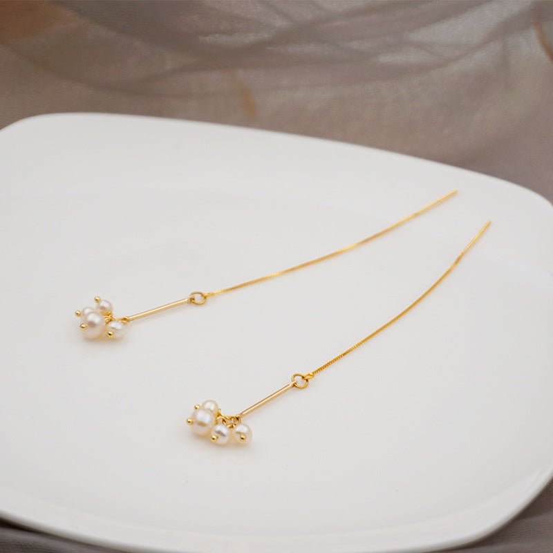 Gold Freshwater Pearl Cluster Threader Earrings - Threader Earrings - 18k Gold Plated Waterproof Jewellery - Collection 9