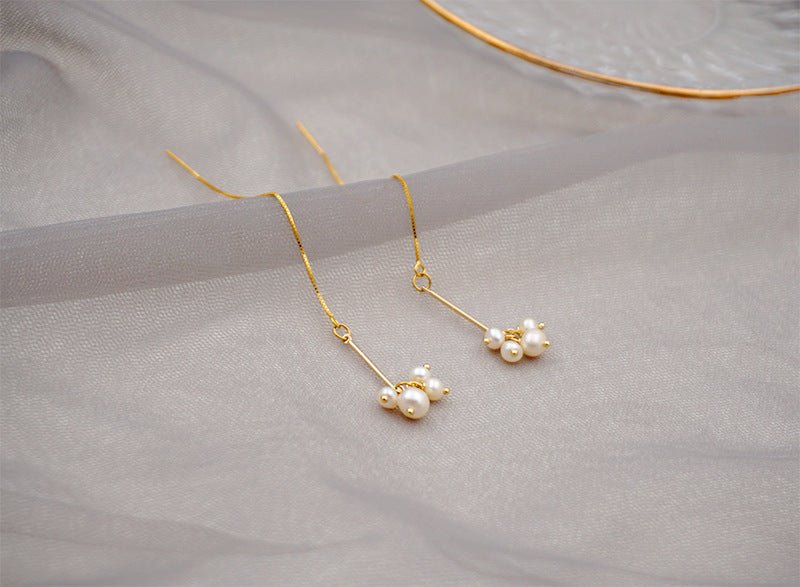Gold Freshwater Pearl Cluster Threader Earrings - Threader Earrings - 18k Gold Plated Waterproof Jewellery - Collection 9