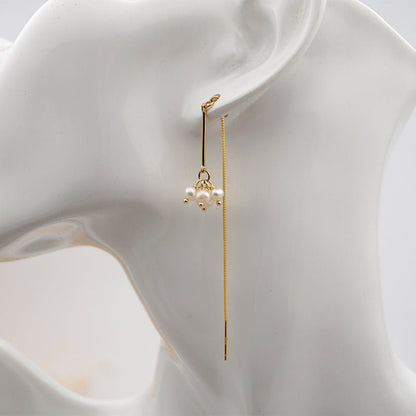 Gold Freshwater Pearl Cluster Threader Earrings - Threader Earrings - 18k Gold Plated Waterproof Jewellery - Collection 9