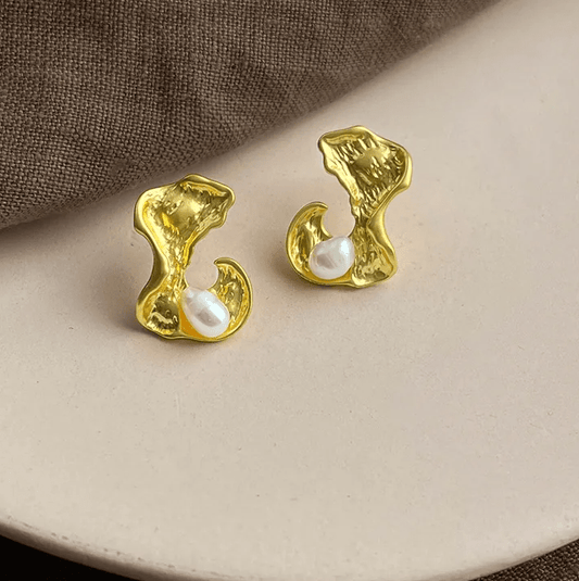 Gold Freshwater Pearl Stud Earrings - - 18k Gold Plated Waterproof Jewellery - Collection 9