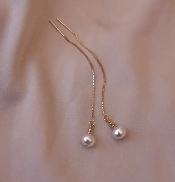 Gold Freshwater Pearl Threader Earrings - - 18k Gold Plated Waterproof Jewellery - Collection 9