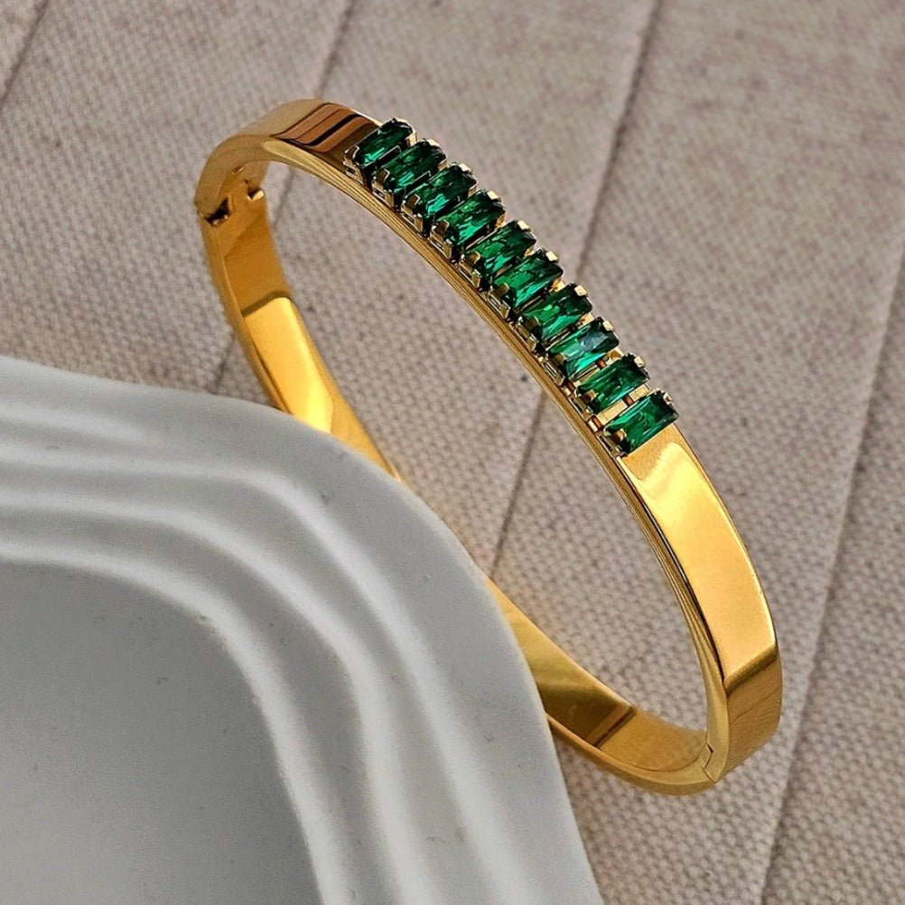 Gold Green Crystal Bangle - Bracelet - 18k Gold Plated Waterproof Jewellery - Collection 9