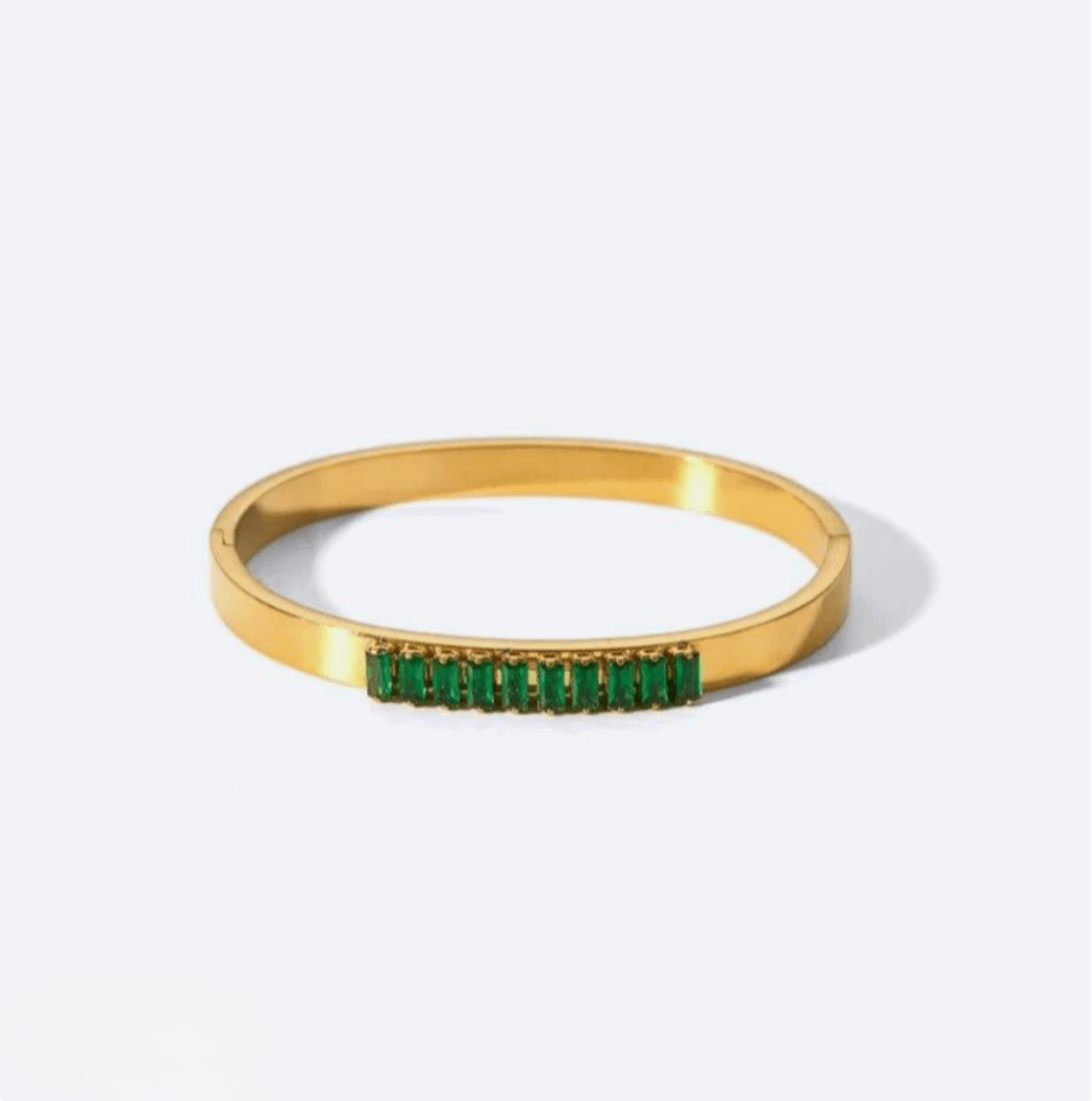 Gold Green Crystal Bangle - Bracelet - 18k Gold Plated Waterproof Jewellery - Collection 9