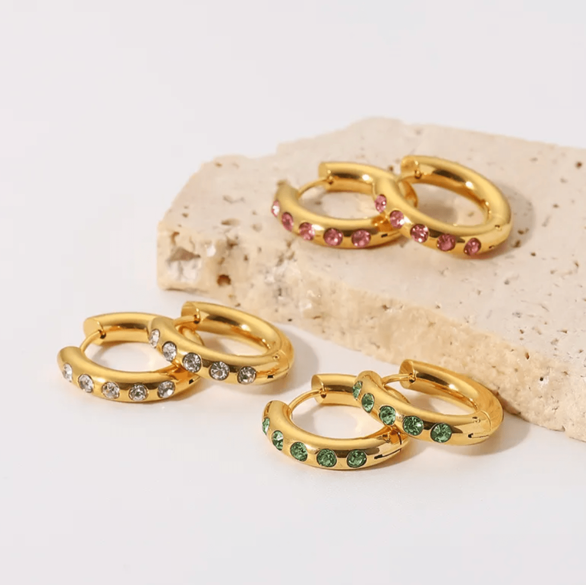Gold Green Crystal Hoop Earrings - Earrings - 18k Gold Plated Waterproof Jewellery - Collection 9