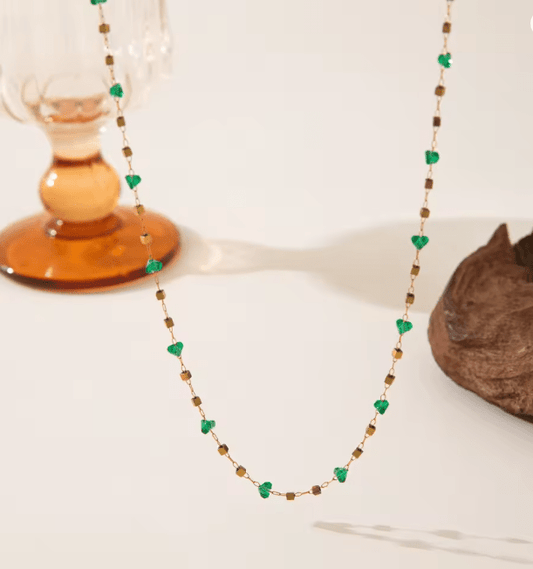 Gold Green Crystal Layered Necklace - Jewelry - 18k Gold Plated Waterproof Jewellery - Collection 9