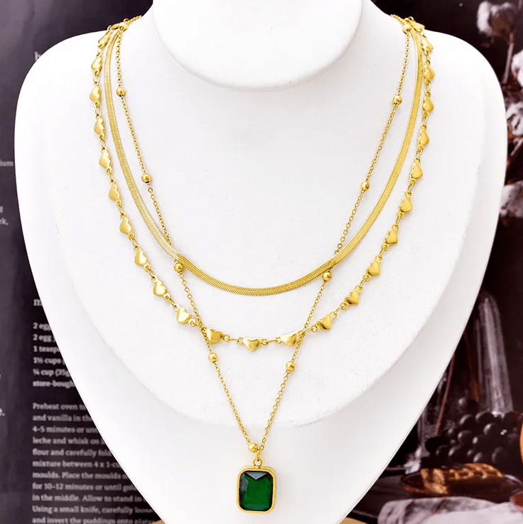 Gold Green Crystal Layered Necklace Set - Necklace - 18k Gold Plated Waterproof Jewellery - Collection 9