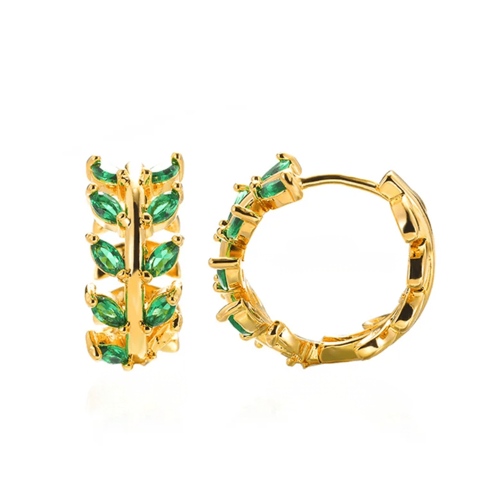 Gold Green Crystal Leaf Hoop Earrings - Earrings - 18k Gold Plated Waterproof Jewellery - Collection 9
