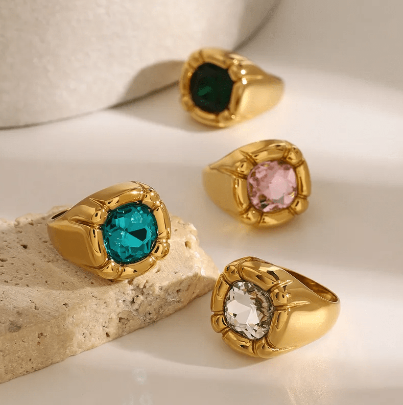 Gold Green Crystal Statement Ring Size 7 - Ring - 18k Gold Plated Waterproof Jewellery - Collection 9