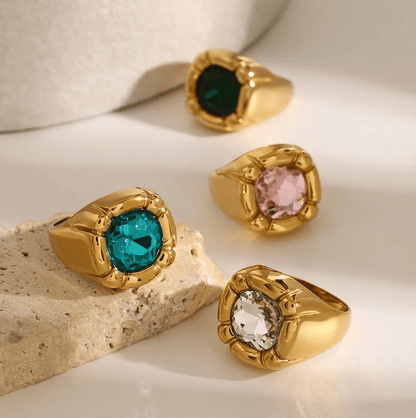 Gold Green Crystal Statement Ring Size 7 - Ring - 18k Gold Plated Waterproof Jewellery - Collection 9