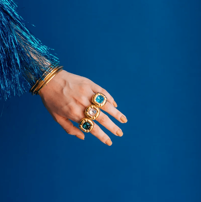 Gold Green Crystal Statement Ring Size 7 - Ring - 18k Gold Plated Waterproof Jewellery - Collection 9
