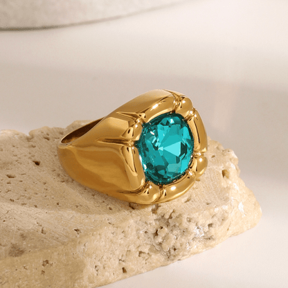 Gold Green Crystal Statement Ring Size 7 - Ring - 18k Gold Plated Waterproof Jewellery - Collection 9