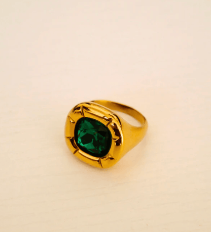 Gold Green Crystal Statement Ring Size 7 - Ring - 18k Gold Plated Waterproof Jewellery - Collection 9
