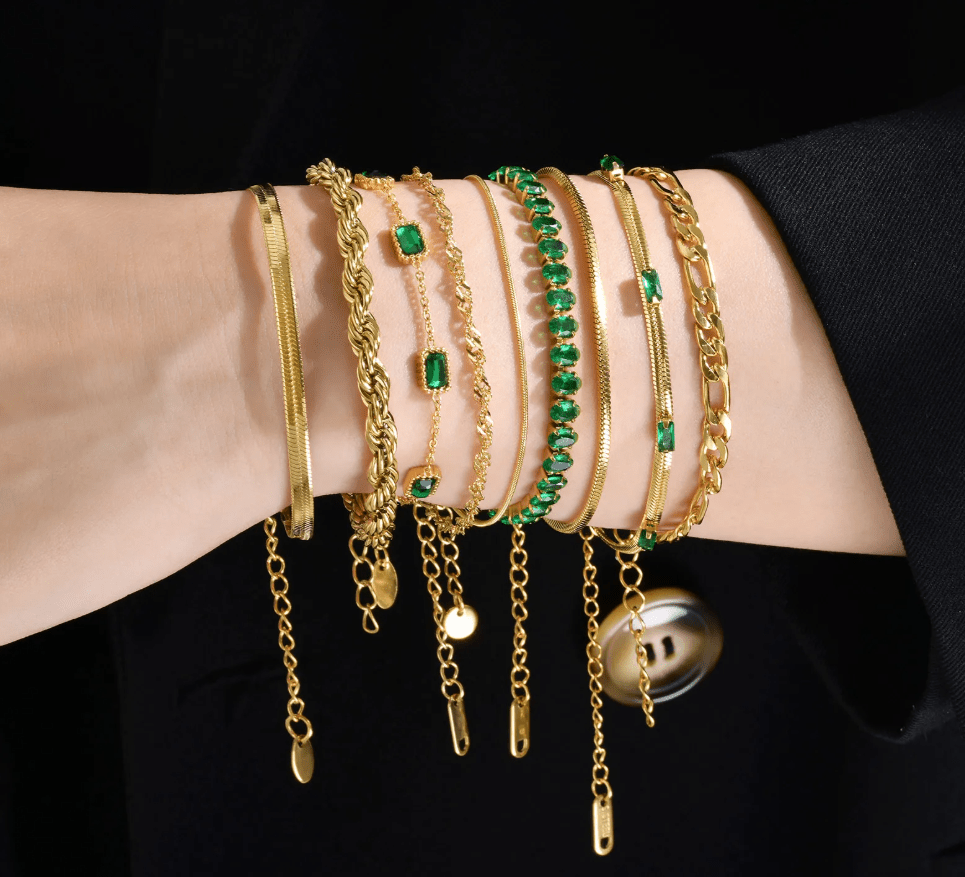 Gold Green Crystal Tennis Bracelet - Bracelet - 18k Gold Plated Waterproof Jewellery - Collection 9