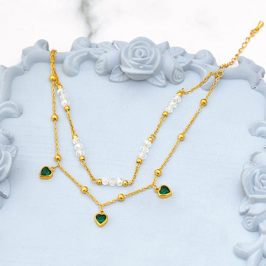 Gold Green Heart Crystal Pearl Bead Double Layer Anklet - Anklets - 18k Gold Plated Waterproof Jewellery - Collection 9