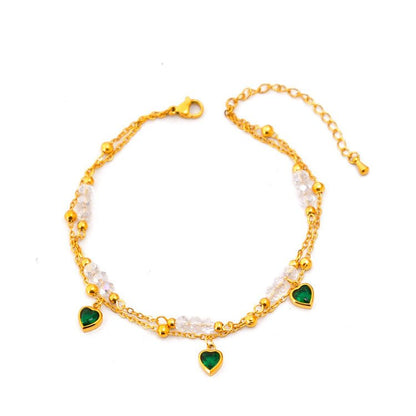 Gold Green Heart Crystal Pearl Bead Double Layer Anklet - Anklets - 18k Gold Plated Waterproof Jewellery - Collection 9