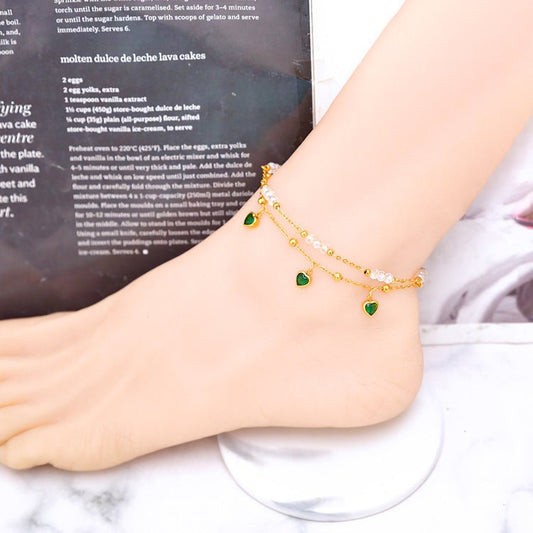 Gold Green Heart Crystal Pearl Bead Double Layer Anklet - Anklets - 18k Gold Plated Waterproof Jewellery - Collection 9