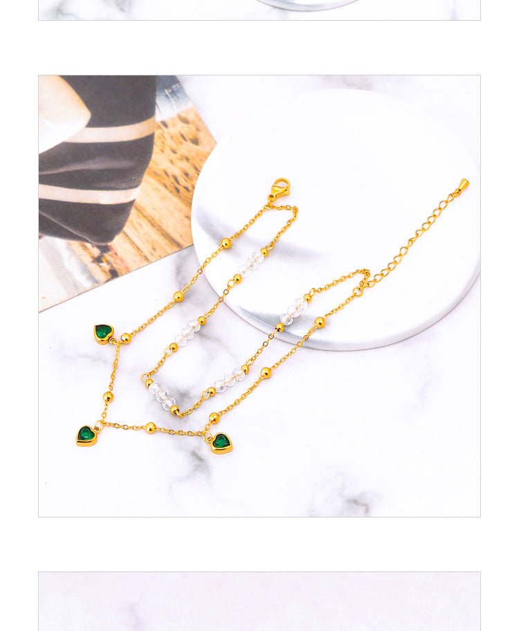 Gold Green Heart Crystal Pearl Bead Double Layer Anklet - Anklets - 18k Gold Plated Waterproof Jewellery - Collection 9