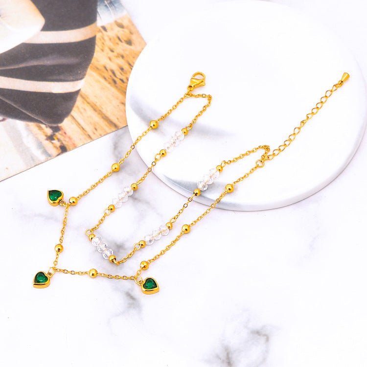 Gold Green Heart Crystal Pearl Bead Double Layer Anklet - Anklets - 18k Gold Plated Waterproof Jewellery - Collection 9