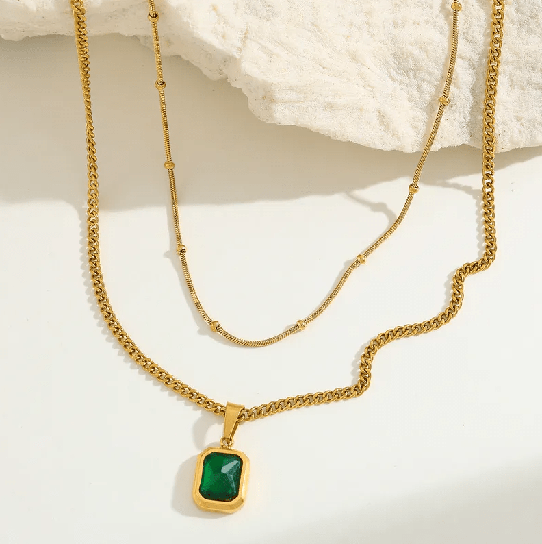 Gold Green Stone Layered Necklace - Necklace - 18k Gold Plated Waterproof Jewellery - Collection 9