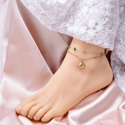 Gold Green Stone Scallop Shell Double Layer Anklet - Anklets - 18k Gold Plated Waterproof Jewellery - Collection 9