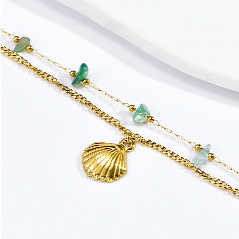 Gold Green Stone Scallop Shell Double Layer Anklet - Anklets - 18k Gold Plated Waterproof Jewellery - Collection 9