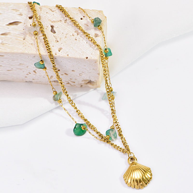 Gold Green Stone Scallop Shell Double Layer Anklet - Anklets - 18k Gold Plated Waterproof Jewellery - Collection 9