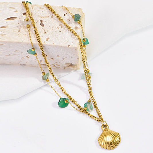 Gold Green Stone Scallop Shell Double Layer Anklet - Anklets - 18k Gold Plated Waterproof Jewellery - Collection 9