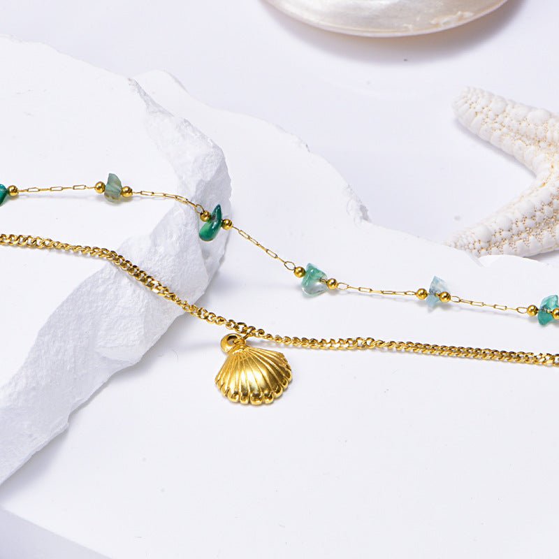Gold Green Stone Scallop Shell Double Layer Anklet - Anklets - 18k Gold Plated Waterproof Jewellery - Collection 9