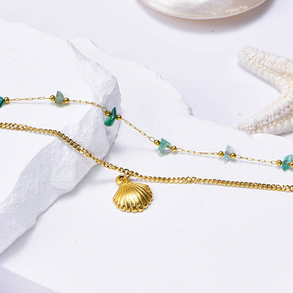 Gold Green Stone Scallop Shell Double Layer Anklet - Anklets - 18k Gold Plated Waterproof Jewellery - Collection 9