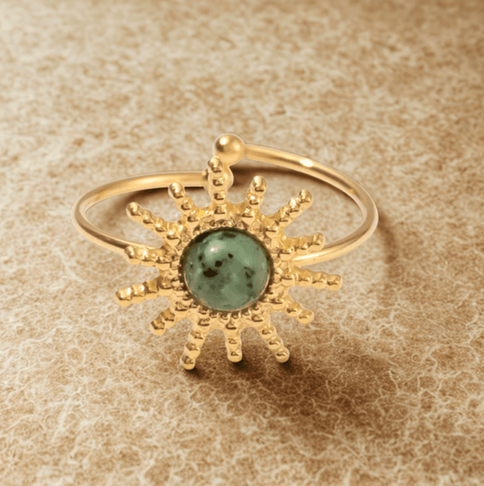 Gold Green Stone Sunburst Ring - Jewelry - 18k Gold Plated Waterproof Jewellery - Collection 9